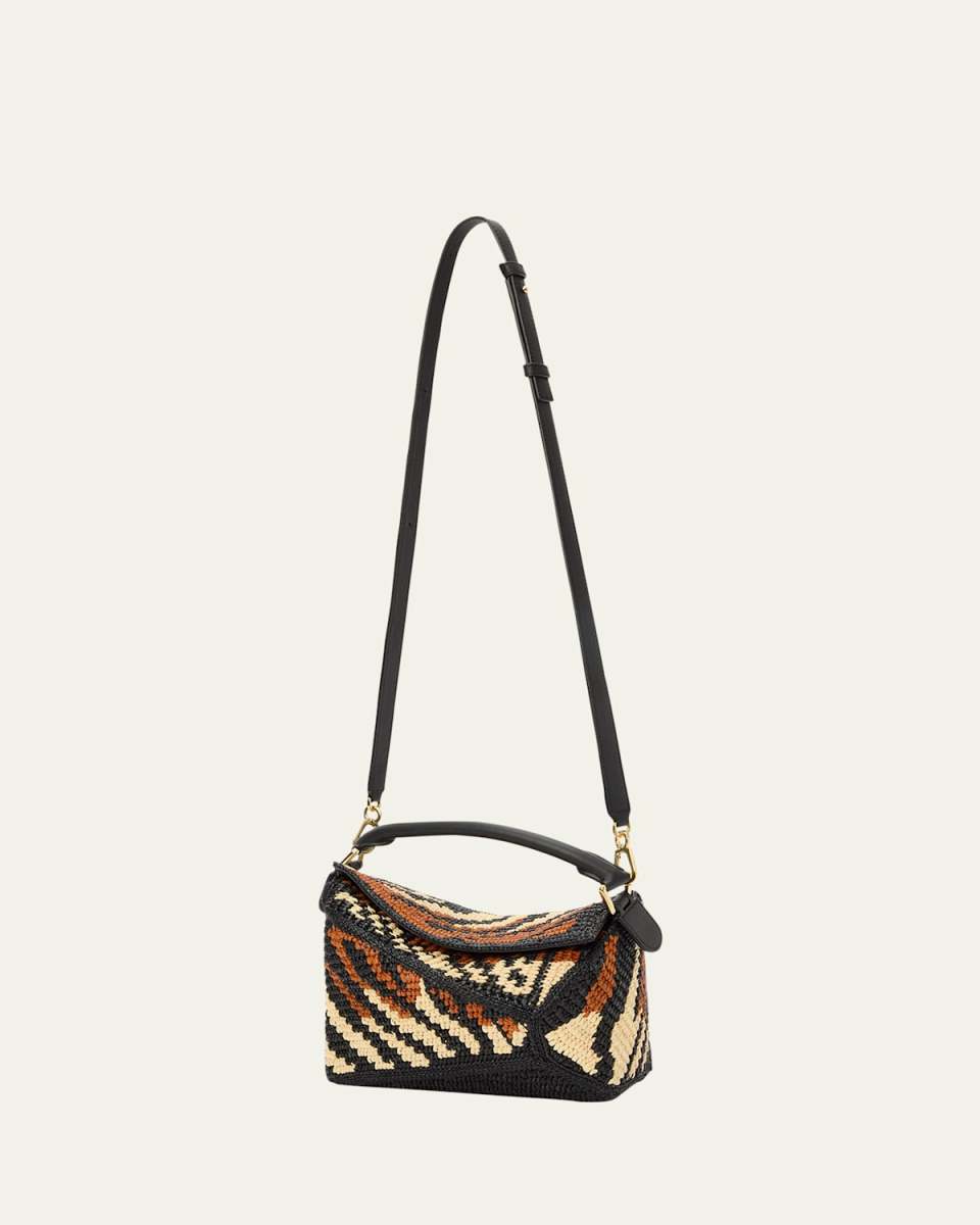 Puzzle Edge Small Top-Handle Bag in Raffia and Leather